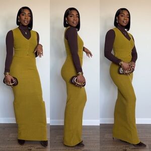 Olive Green Knit Maxi Skirt + Vest Set